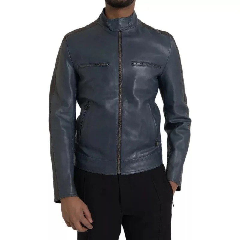 Men's corduroy jackets-Dolce & Gabbana  Leather Full Zip Biker Blouson Men's Jacket (Pre-Owned)