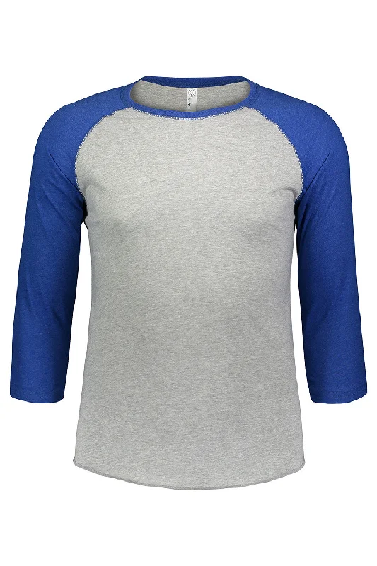 breathable and lightweight short sleeve shirts -LAT Mens Fine Jersey Baseball 3/4 Sleeve Crewneck T-Shirt - Heather Grey/Vintage Royal Blue