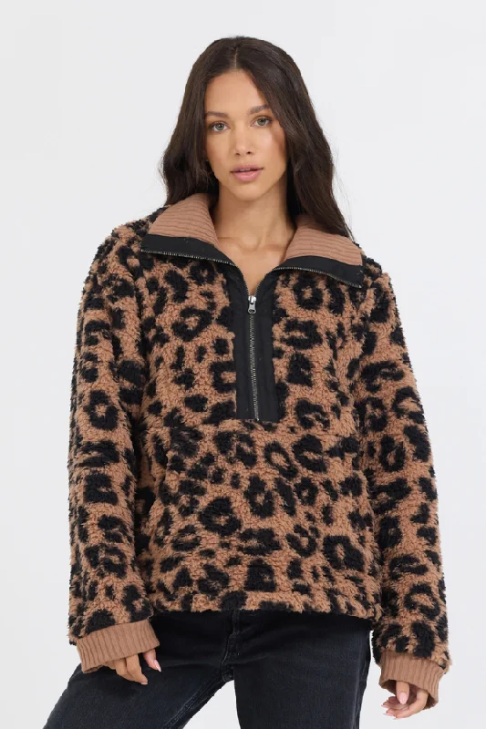 Men’s bold camo hoodie-Leopard Print Sherpa Quarter Zip