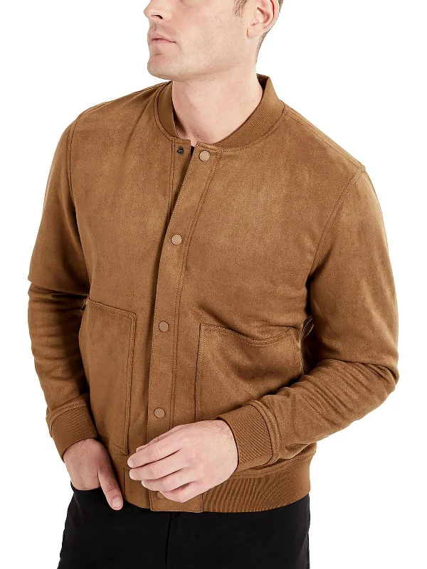 Men's glossy jackets-Mens Faux Suede Ribbed Trim Bomber Jacket