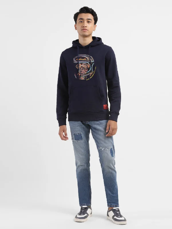 Men’s comfy hoodie-Men's Graphic Navy Hooded Sweatshirt