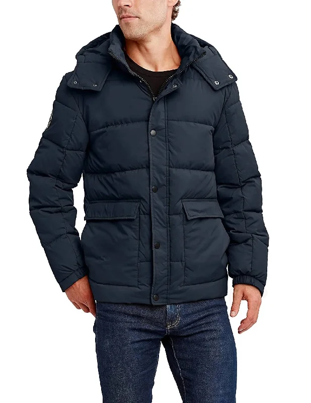 Men's group jackets-Men's Water And Wind Resistant Hooded Puffer Jacket In Navy Blue