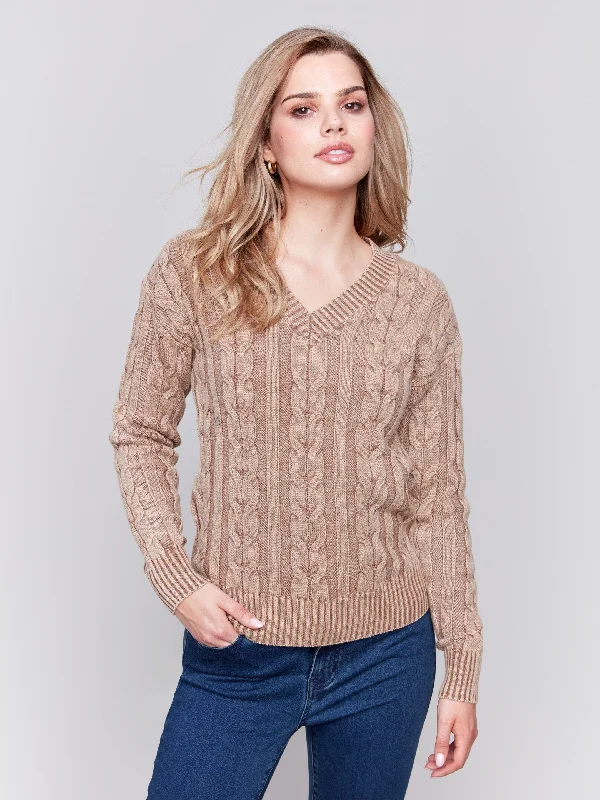 V-Neck Cable Knit Sweater - Truffle