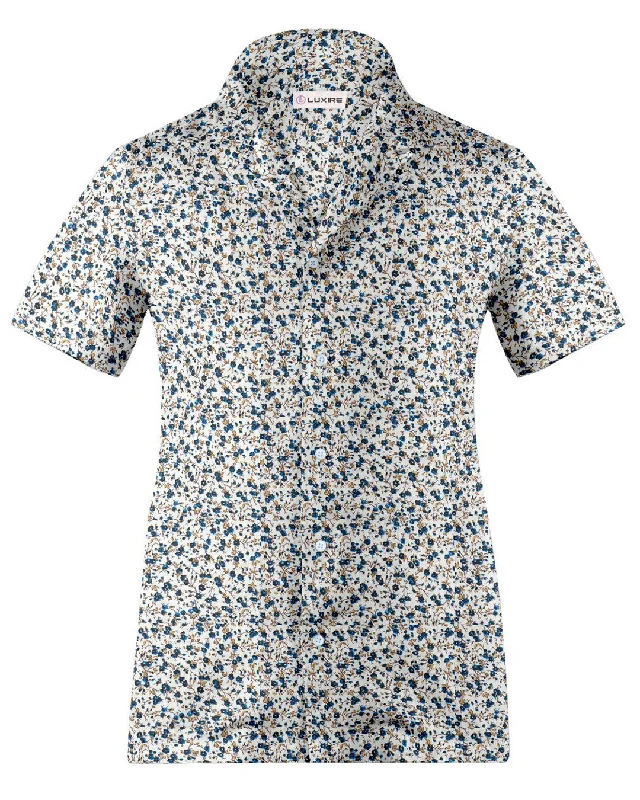 Men's Thanksgiving shirts-Camp collar PRESET STYLE in Blue Fine Floral Prints on White