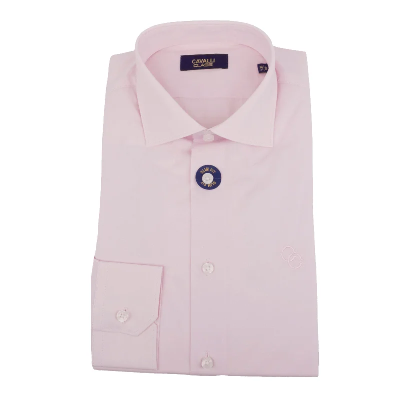 Men's winter shirts-Cavalli Class Mens Pink Dress Shirts Long Sleeve With Emb