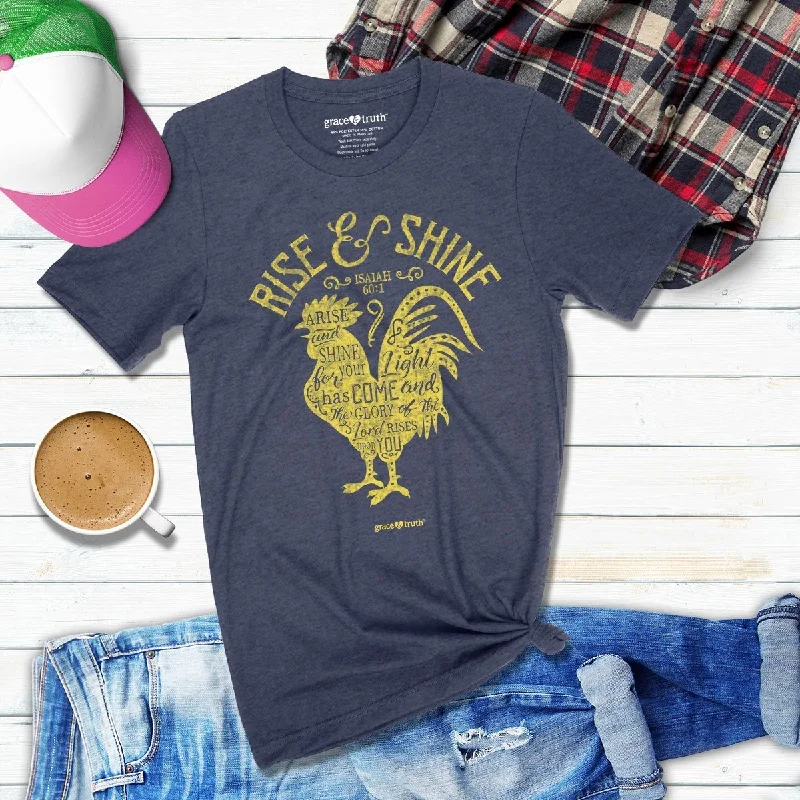 breathable and fashionable short sleeve t-shirts -Cherished Girl Grace & Truth Rise & Shine Rooster Girlie Christian Bright T Shirt