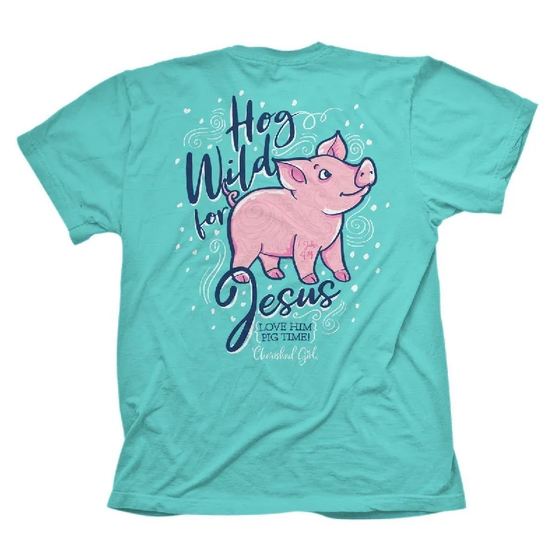 men’s printed short sleeve shirts for casual wear -Cherished Girl Hog Wild for Jesus Pig Girlie Christian Bright T Shirt