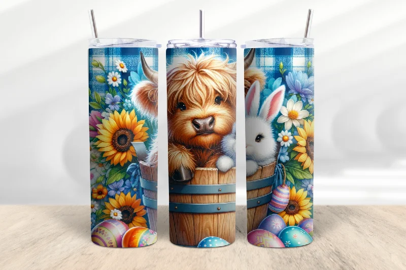 affordable short sleeve shirts with graphics -Easter Highland Cow and Bunny 20 oz Skinny Tumbler Cup With Straw