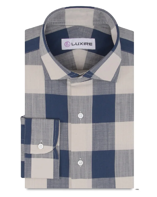 Men's golf shirts-Dark Blue Cream Large Gingham Checks