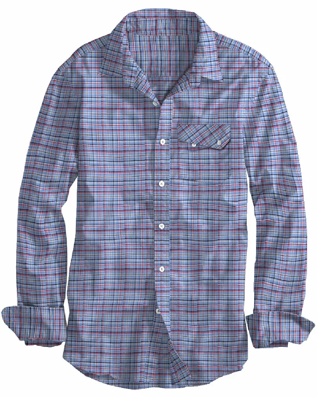 Men's dancer shirts-Red Blue Cream Plaid Checks Oxford