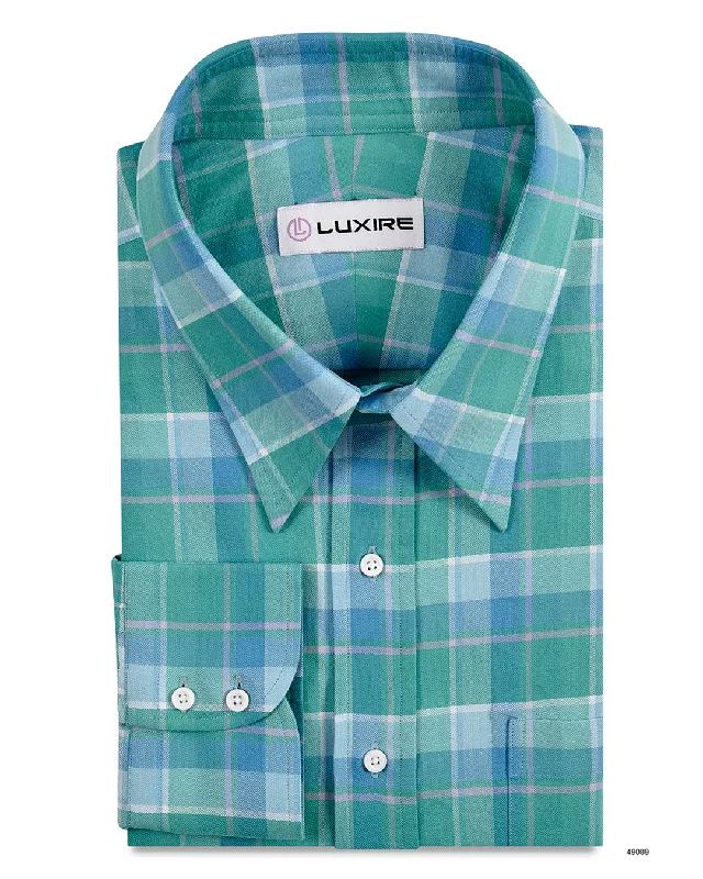 Men's fitted shirts-Cyan Blue and Green Checks