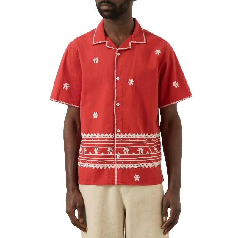 Men's adjustable-cuff shirts-Didcot Daisy Embroidery Shirt In Red/ecru