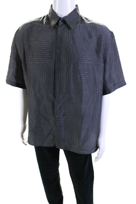 Men's smart-casual shirts-Fendi Mens Silk FF Shadow Pinstripe Short Sleeve Button Up Shirt Gray