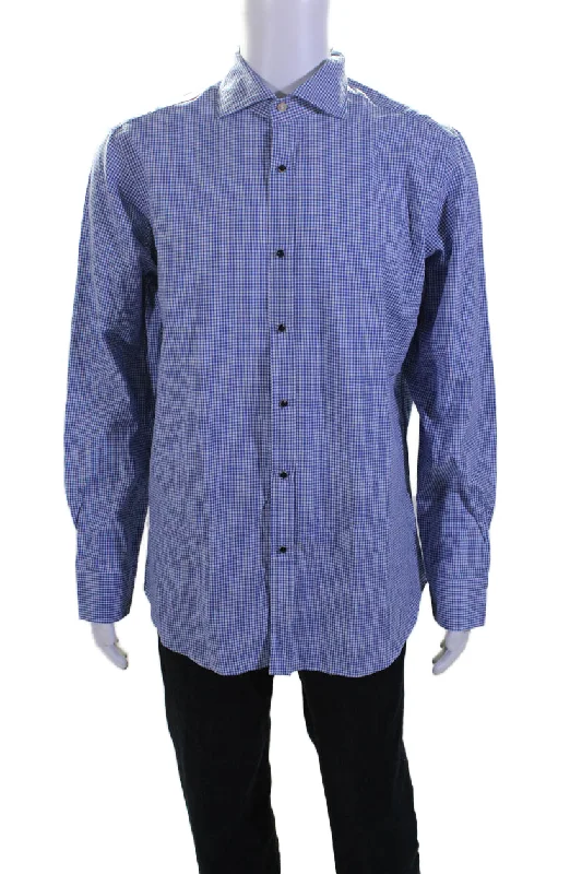 Men's embroidered shirts-Giannetto Mens Cotton Blend Blue Plaid Long Sleeve Button Down Dress Shirt