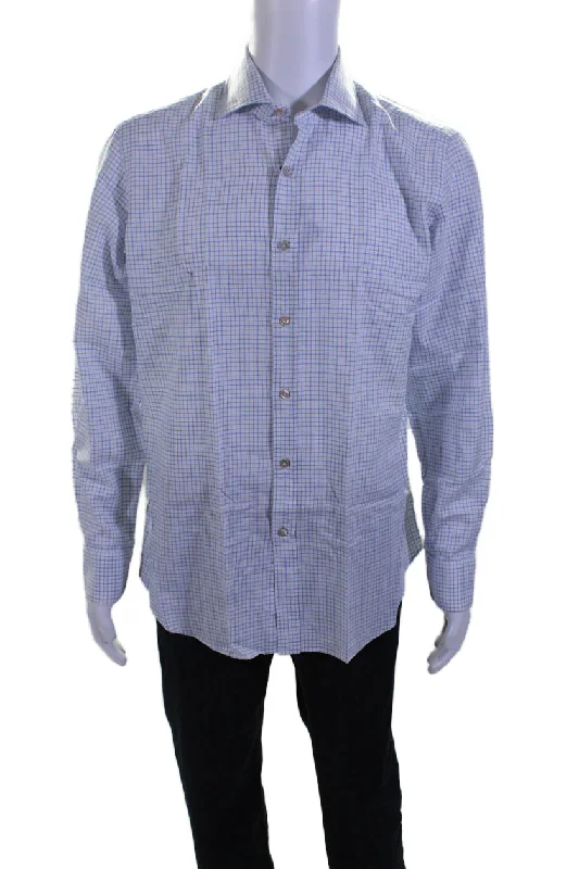 Men's unbranded shirts-Giannetto Mens Cotton Blue Plaid Long Sleeve Button Down Dress Shirt