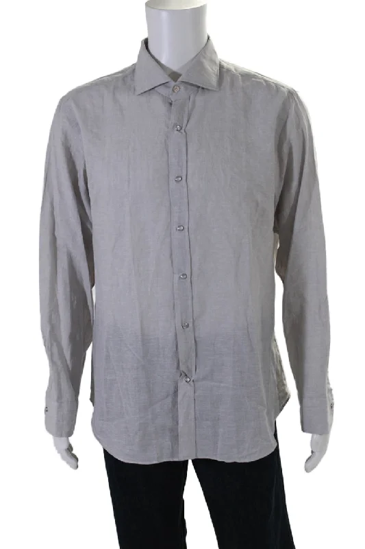 Men's office shirts-Giannetto Mens Linen Blend Light Gray Long Sleeve Button Down Dress Shirt