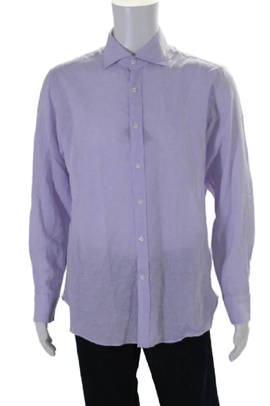 Men's night-out shirts-Giannetto Mens Linen Blend Lilac Button Down Dress Shirt