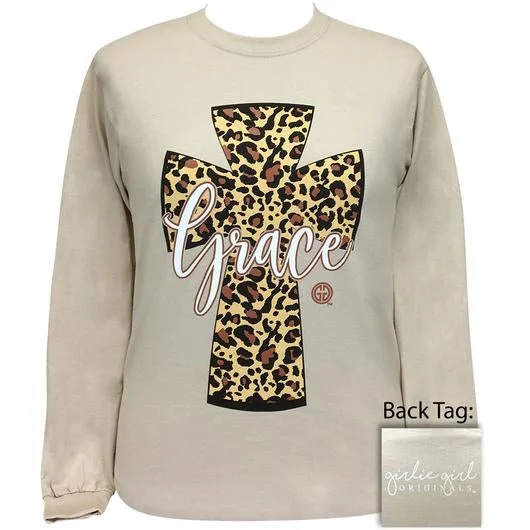 modern fit short sleeve shirts for men -Girlie Girl Originals Preppy Grace Leopard Cross Long Sleeve T-Shirt