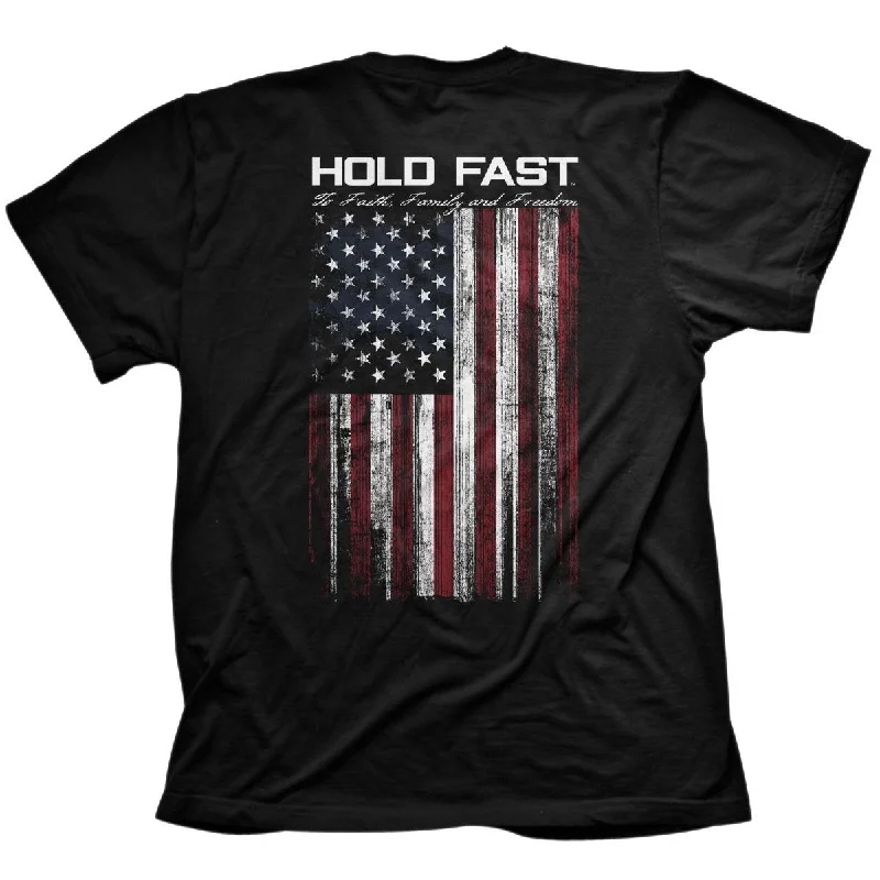 casual yet stylish short sleeve t-shirts for men -Hold Fast to Faith Family Freedom USA American Flag Christian Unisex T Shirt