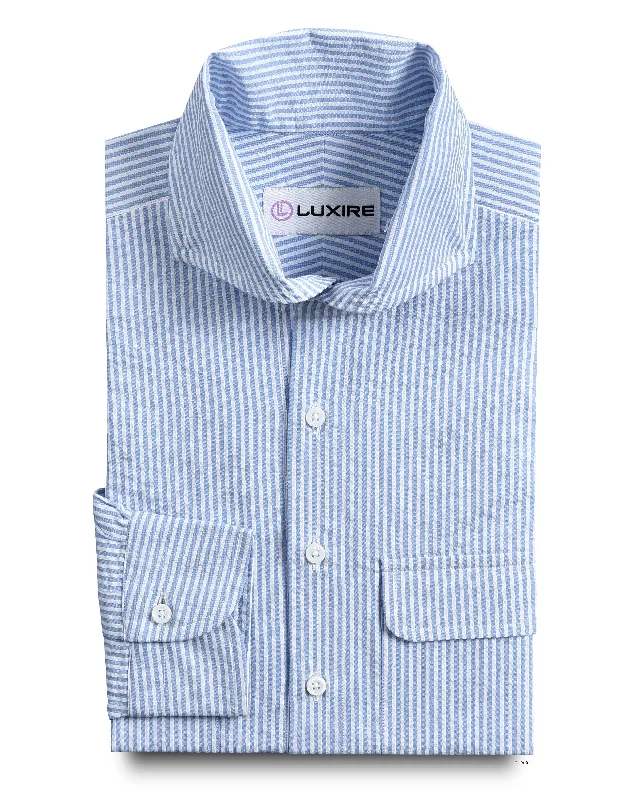 Men's full-button shirts-Light Blue Seersucker Stripes