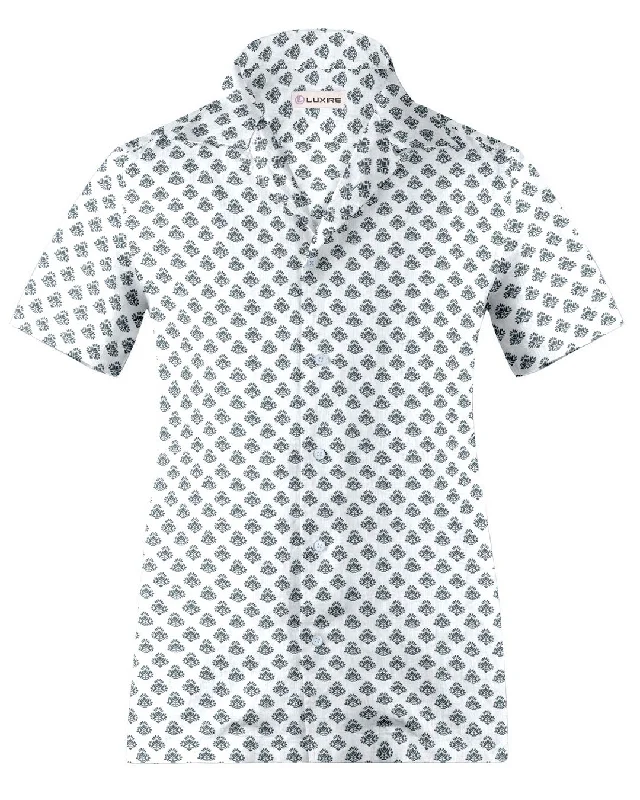 Men's casual-cool shirts-Camp collar PRESET STYLE in Linen:Black Flowers Printed on White Linen