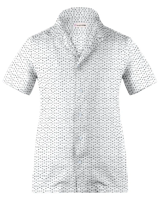 Men's skate shirts-Camp collar PRESET STYLE in Linen: Black Printed Positivity On White