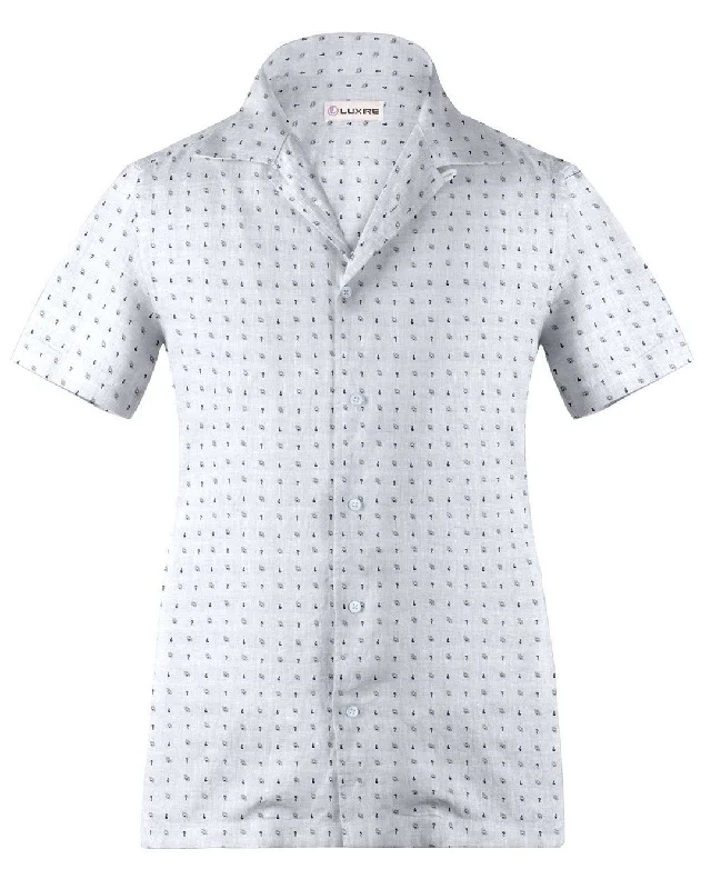 Men's vacation shirts-Camp collar PRESET STYLE in Linen: Grey Printed Marks On White