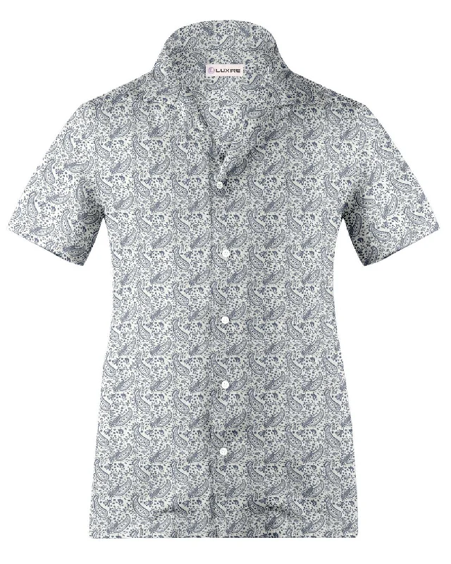 Men's tie-front shirts-Camp collar PRESET STYLE in Linen: Navy Printed Paisley