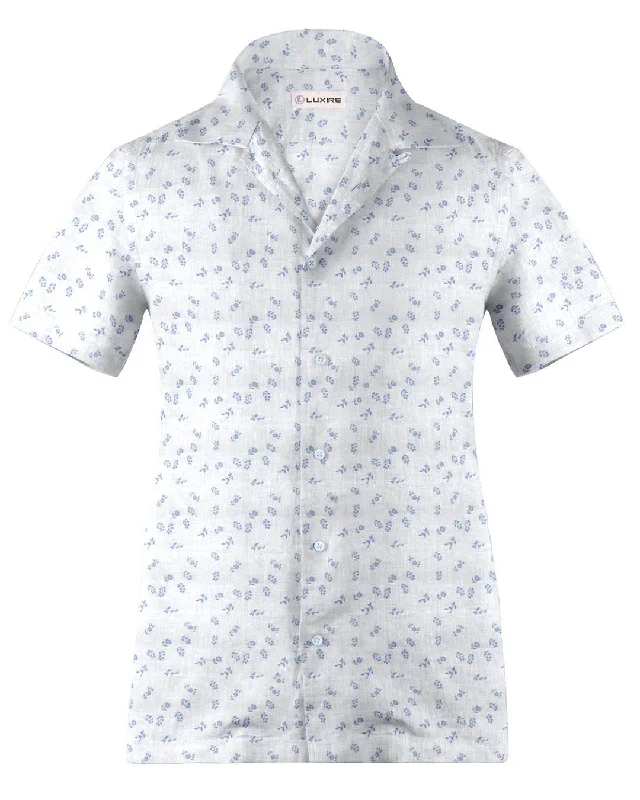 Men's coastal shirts-Camp collar PRESET STYLE in Linen: Pale Blue Printed Leaves On White