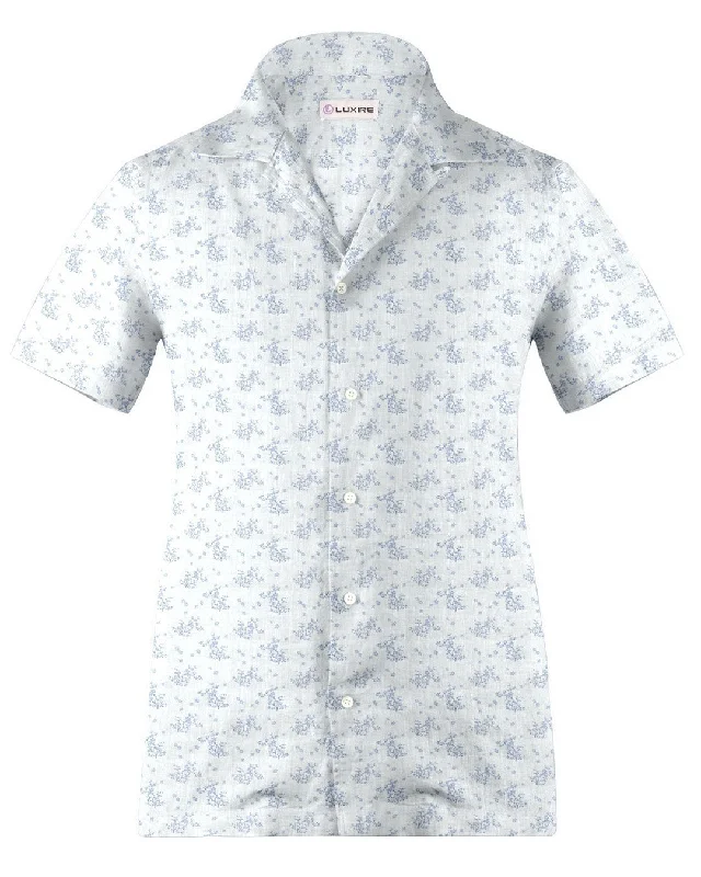 Men's band shirts-Camp collar PRESET STYLE in Linen: Pale Blue Printed shrubs On White