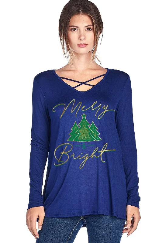 men’s breathable short sleeve shirts -Merry & Bright Christmas Tree Criss Cross Long Sleeve Shirt