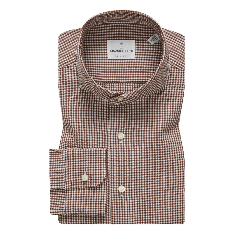 Men's tucked-in shirts-Mf Brown Check Cotton Crinkle Dress Shirt In Brown/white