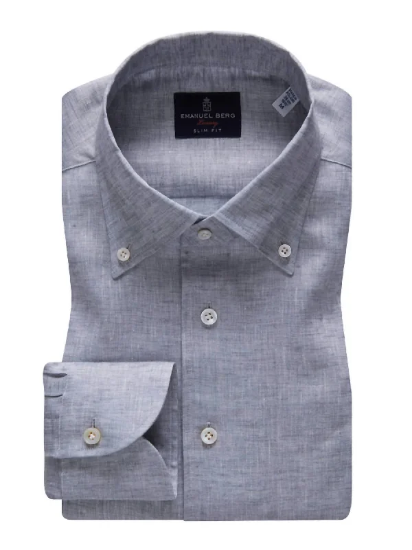 Men's tall-size shirts-Mf Extra Fine Linen Luxury Men's Dress Shirt In Med Grey