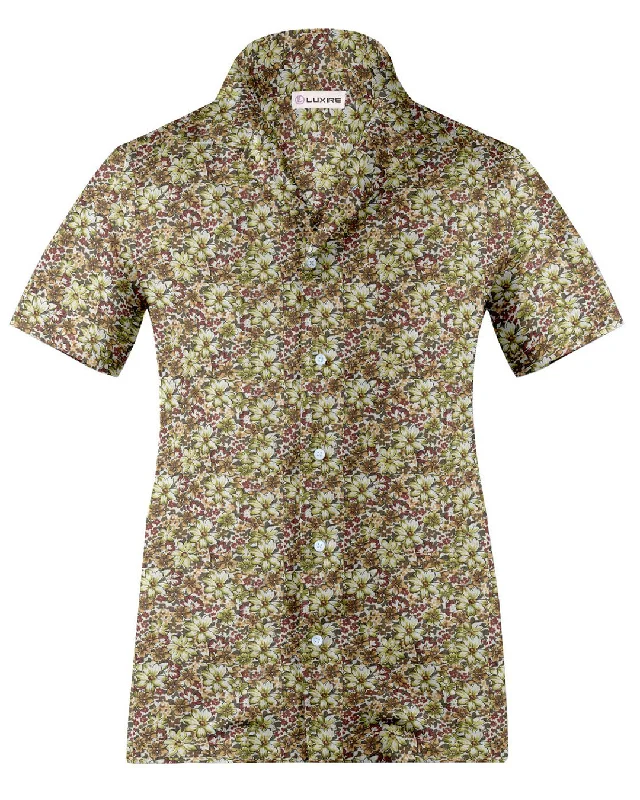 Men's holiday shirts-Camp collar PRESET STYLE in Olive Green Maroon prints on White