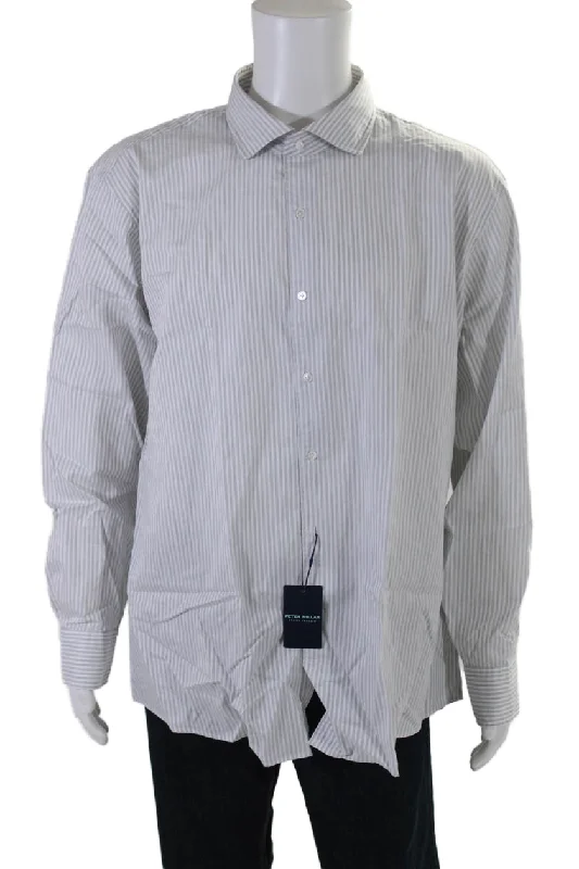 Men's eco-friendly shirts-Peter Millar Mens Gray Striped Long Sleeve Button Down Dress Shirt