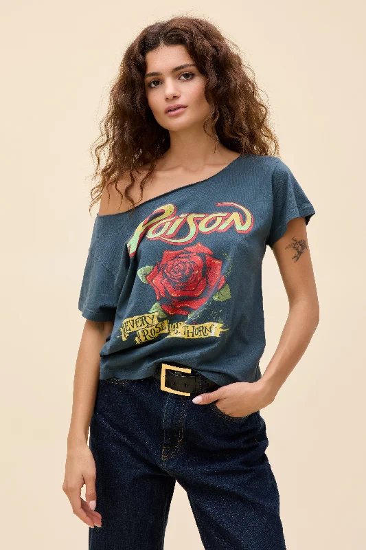 trendy short sleeve shirts for hot weather -Poison Every Rose Has Its Thorn Off-The-Shoulder Solo Tee