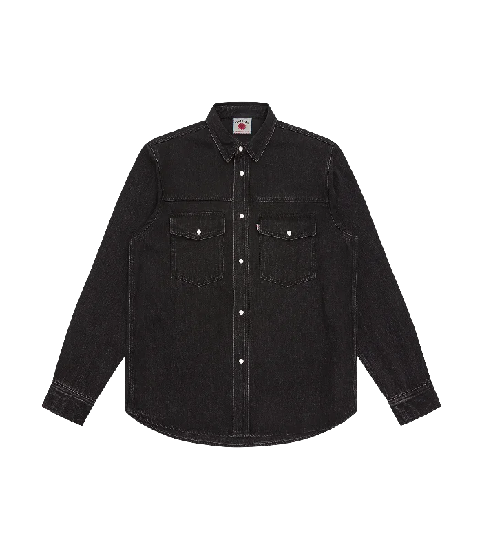 Men's banded-collar shirts-RUNNING DOG DENIM SHIRT - BLACK