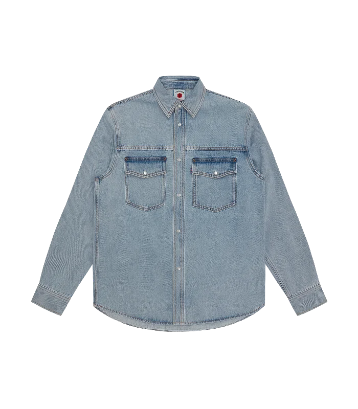 Men's ripped shirts-RUNNING DOG DENIM SHIRT - HEAVY WASH BLUE