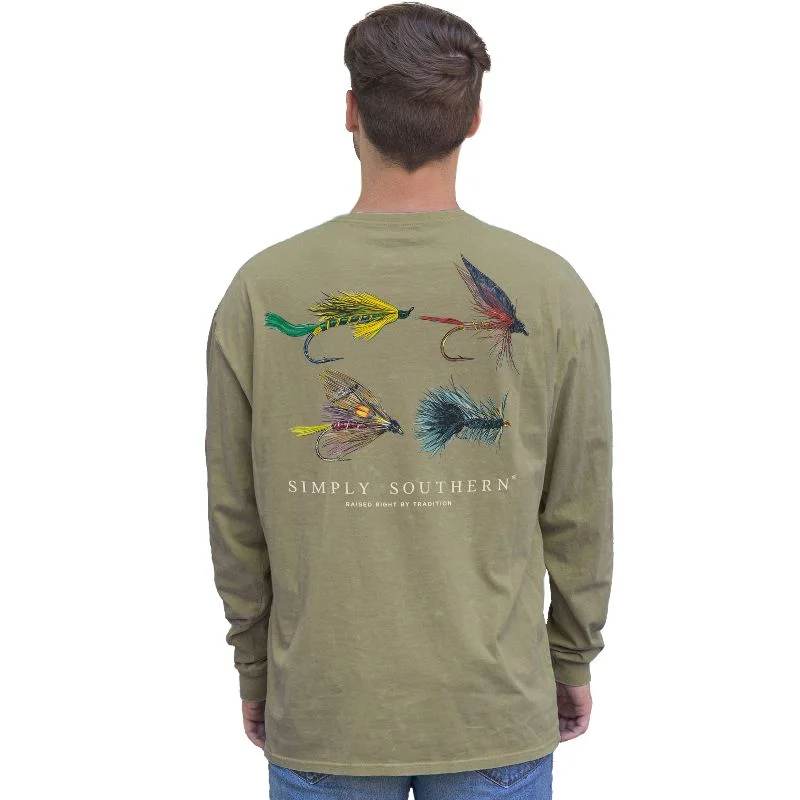 classic men’s short sleeve shirts with patterns -SALE Simply Southern Fish Fly Olive Unisex Long Sleeve T-Shirt