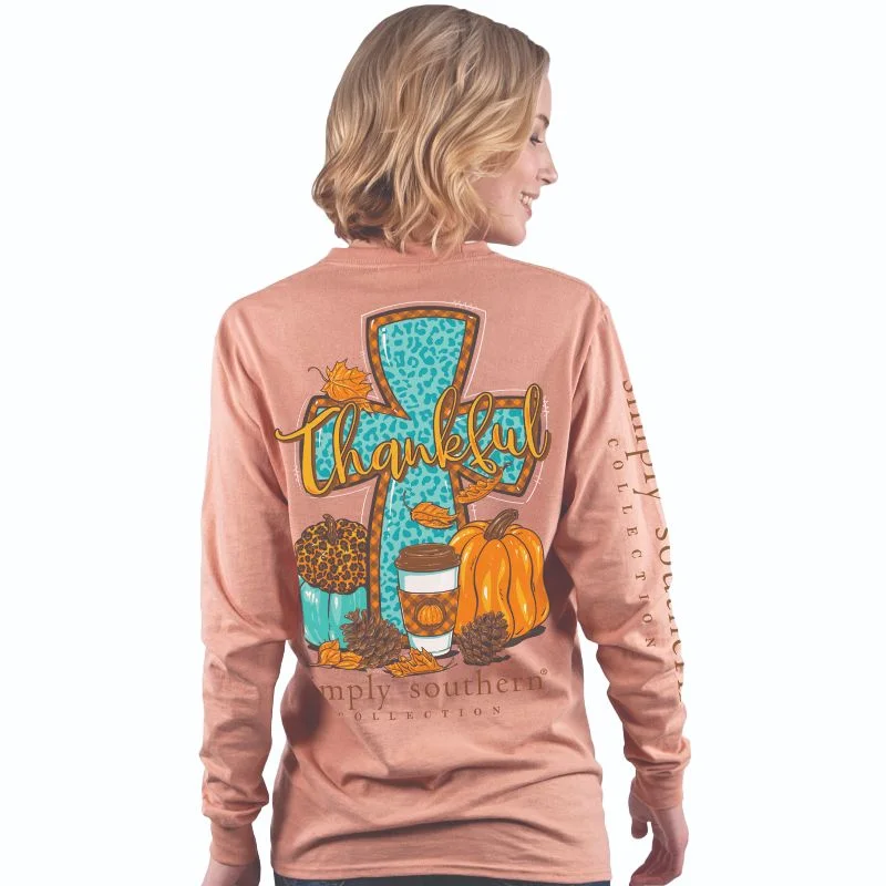 trendy short sleeve t-shirts for casual events -SALE Simply Southern Thankful Cross Pumpkins Fall Long Sleeve T-Shirt