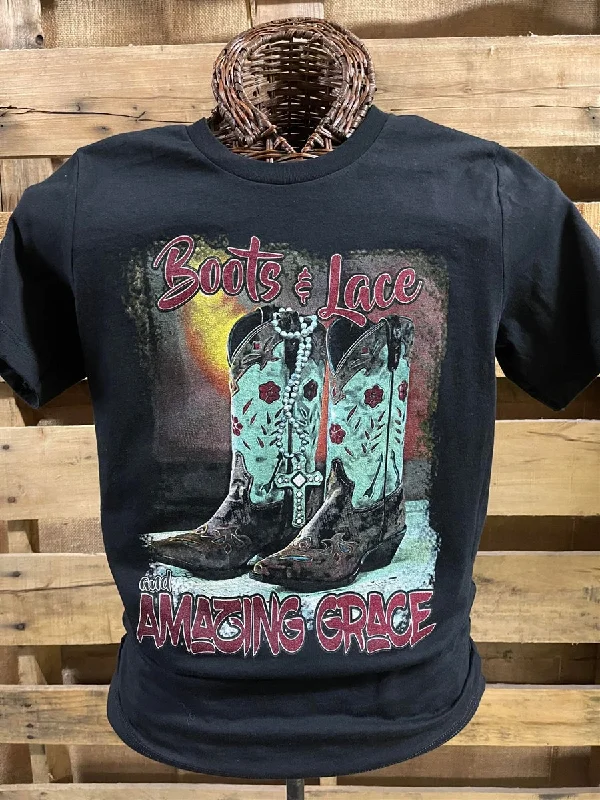 fashionable short sleeve t-shirts for work wear -Southern Chics Apparel Boots Lace Amazing Grace Christian Canvas Bright T Shirt