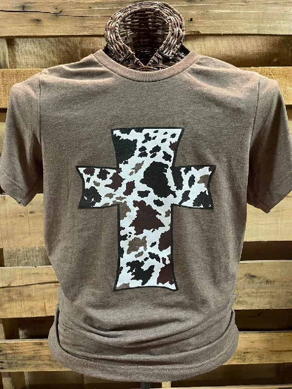 stylish and breathable short sleeve shirts -Southern Chics Apparel Cow Print Cross Canvas T Shirt