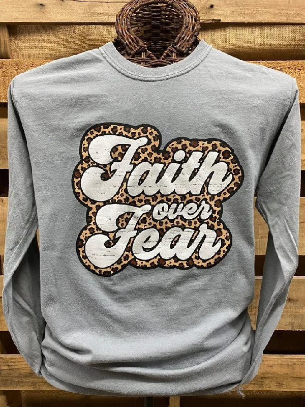 relaxed short sleeve shirts for hot weather -SALE Southern Chics Apparel Leopard Faith Over Fear Christian Comfort Colors Long Sleeve T Shirt