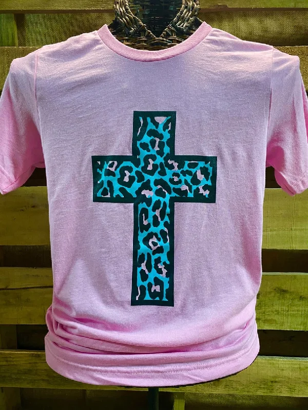 versatile short sleeve shirts for all occasions -Southern Chics Apparel Turquiose Leopard Cross Pink Canvas Girlie Bright T Shirt