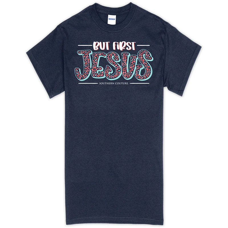 slim fit short sleeve polo shirts for men -Southern Couture But First Jesus Classic T-Shirt