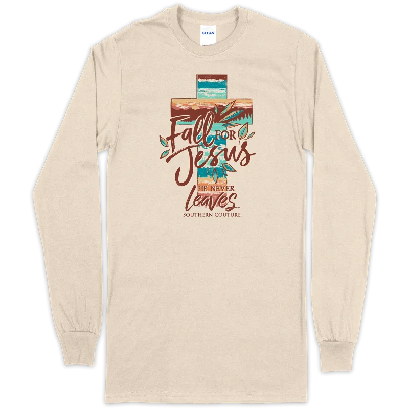 men’s short sleeve shirts with cool designs -Southern Couture Fall for Jesus Cross Soft Long Sleeve T-Shirt