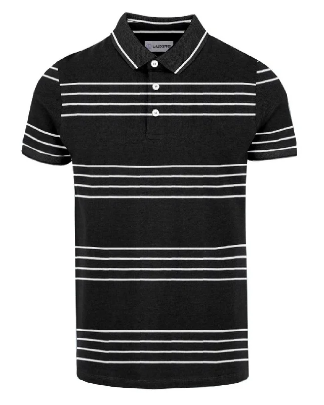 Men's trendy shirts-Black & White striped Polo T-shirt