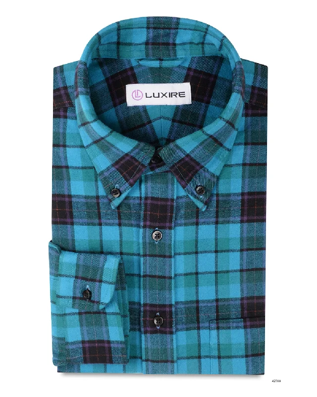 Men's custom shirts-Turquoise Black Purple Tartan Plaid on Forest Green