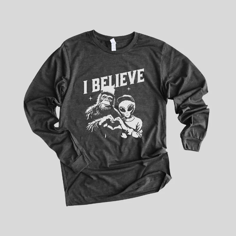 men’s stylish short sleeve button shirts -Believe Alien <3 Bigfoot Long Sleeve  *UNISEX FIT*