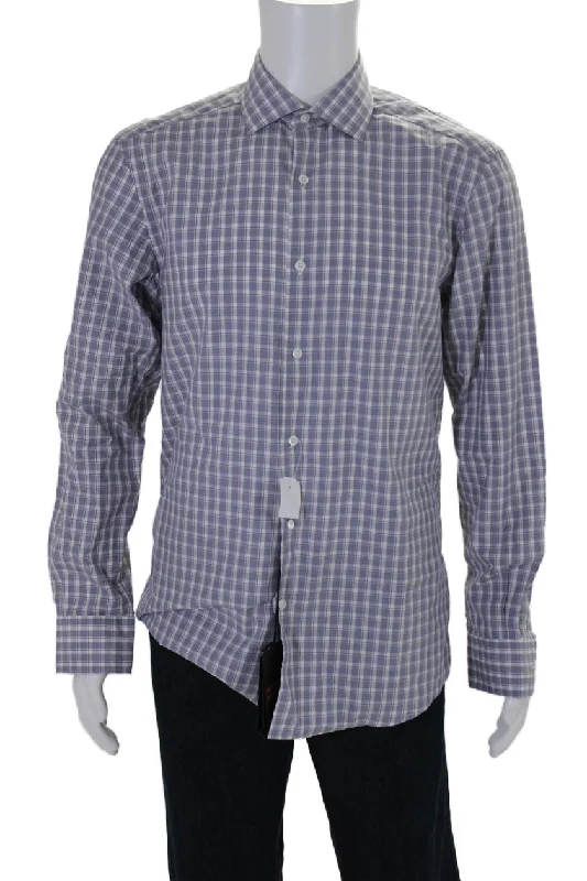 Men's bamboo shirts-Zegna Mens Cotton Blue Plaid Collar Long Sleeve Button Down Dress Shirt